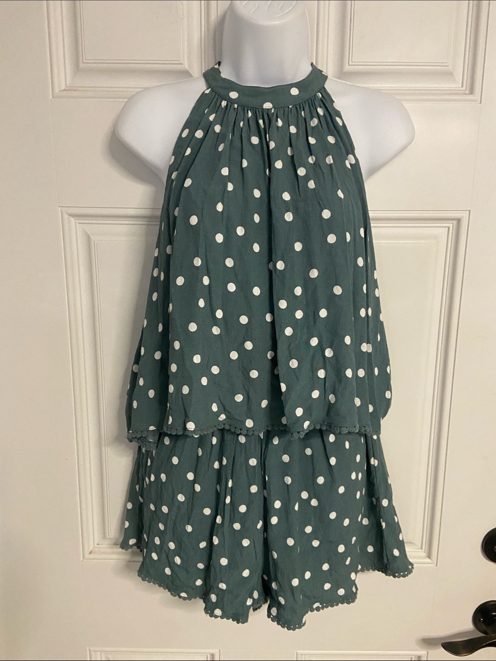 T42a- VICI Sage Green Polka Dot POMPOM Trim Edge Halter Smocked Romper